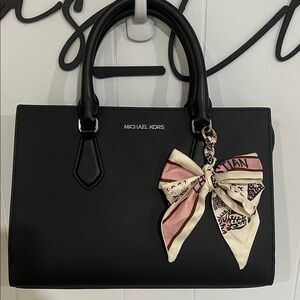 Inspired Cream, Pink and Brown Scarf Bow Bag Charm with O Ring Clip